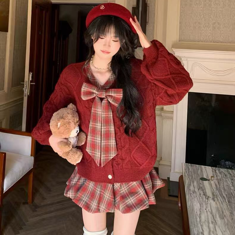 韩版秋冬复古甜美减龄蝴蝶结长袖针织开衫格纹半身裙显瘦两件套