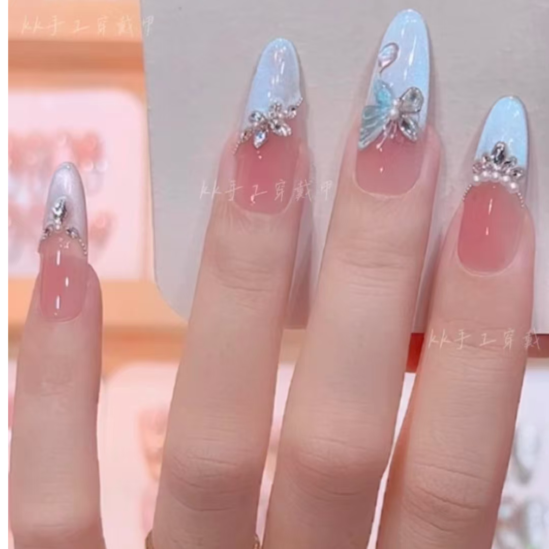 【蓝蝴蝶】纯手工法式蓝色猫眼碎钻爆闪显白高级感穿戴甲