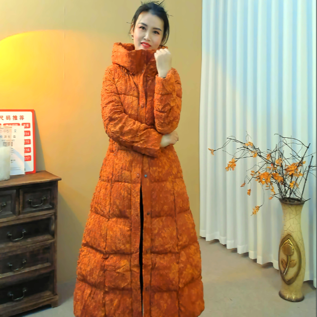 1303重工艺压花长款女休闲风国风气质修身休闲保暖羽绒服