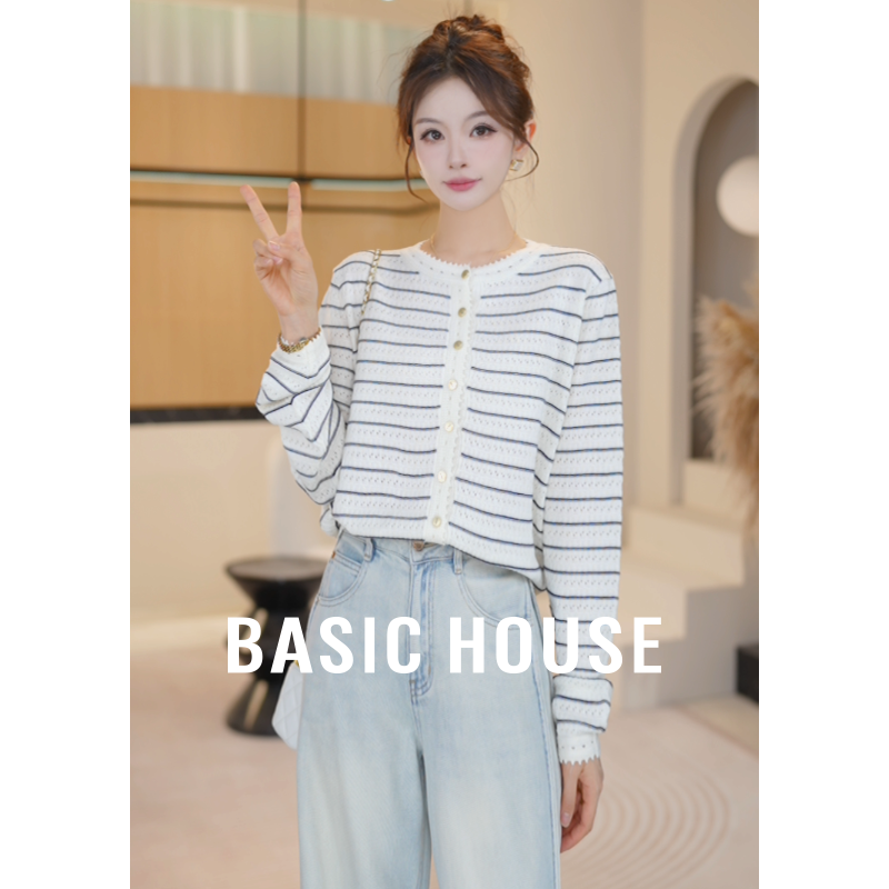 Basic House/百家好秋季新款圆领条纹针织开衫B1195B5Y902