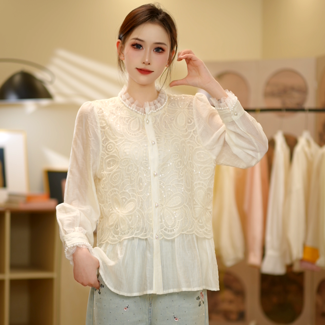【月月专属】设计感蕾丝衫百搭显瘦蕾丝法式白色镂空春季袖显瘦上衣