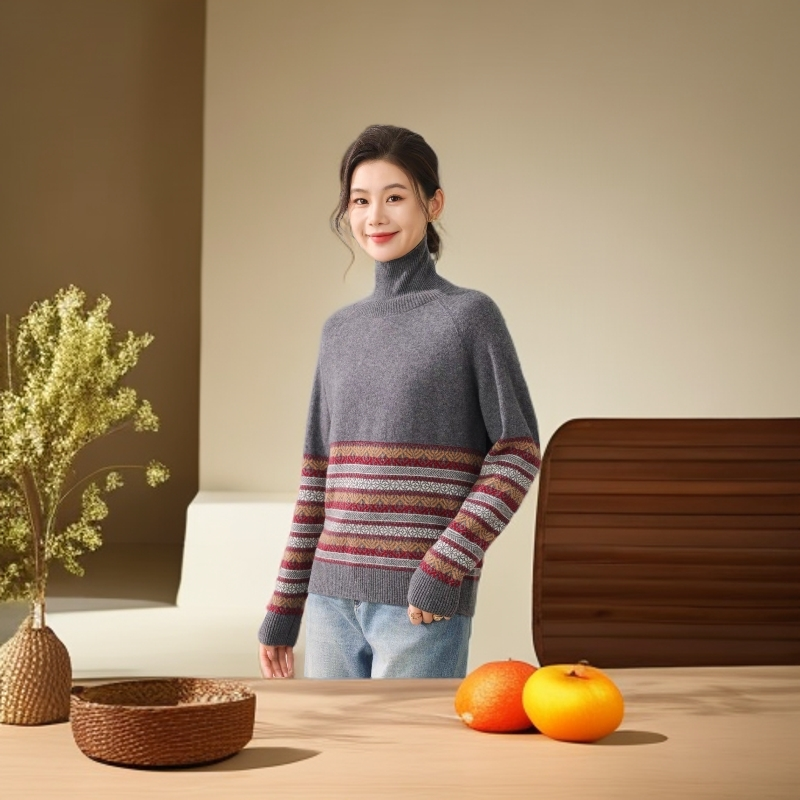 修身型条纹高领女提花针织衫毛衣时尚秋冬半高领