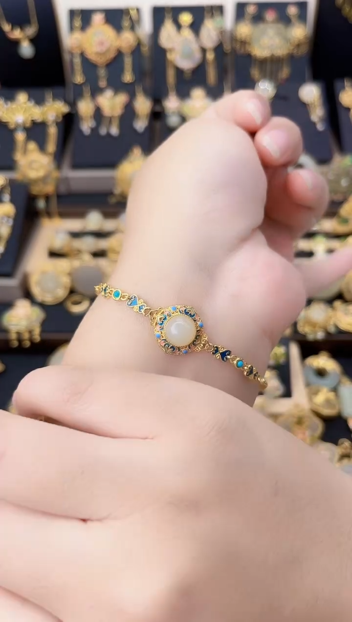 套链银S925镀金镶嵌和田玉珐琅祥云蛋面手链