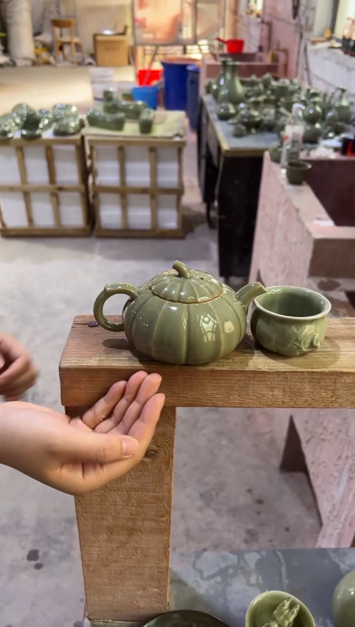 微瑕耀州窑青瓷南瓜壶+南瓜小杯