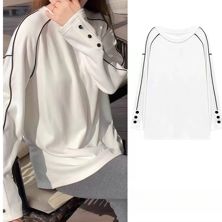 ZL-梦幻拼色磨毛长袖T恤女时尚百搭内搭打底衫白色圆领针织上衣