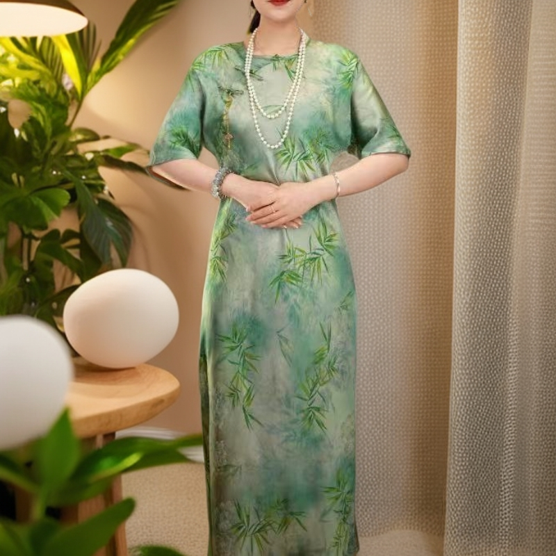庭芜绿｜中式国风复古提花手绘定制改良版旗袍连衣裙2024B562-依依