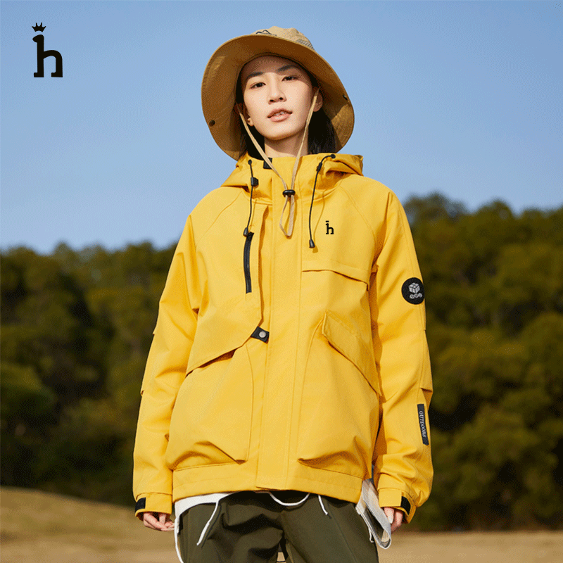 哈吉斯潮新款登山服连帽纯色情侣款防水外套夹克冲锋衣男单冲户外