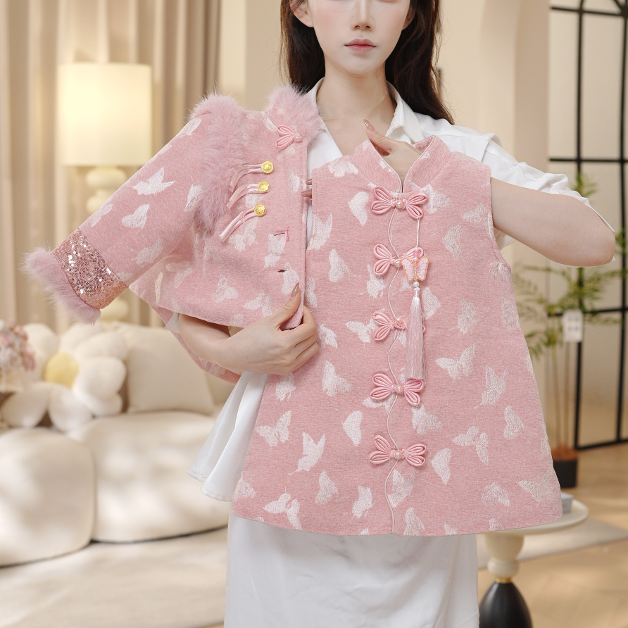 2025冬季女童夹棉加厚粉色国风新中式上衣外套背心裙套装30898