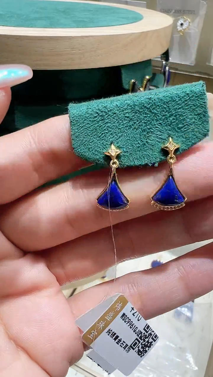 银S925镀金镶嵌青金石耳饰@@