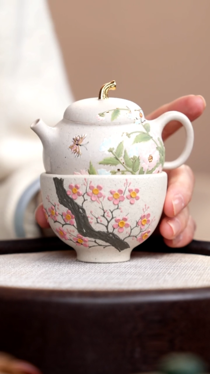 茶壶紫砂白玉段匏瓜金钮+杯