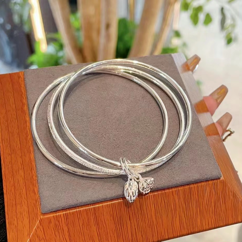 足银手镯 009三生三世两世欢纯银手镯三圈闭口足银手环磨砂莲蓬