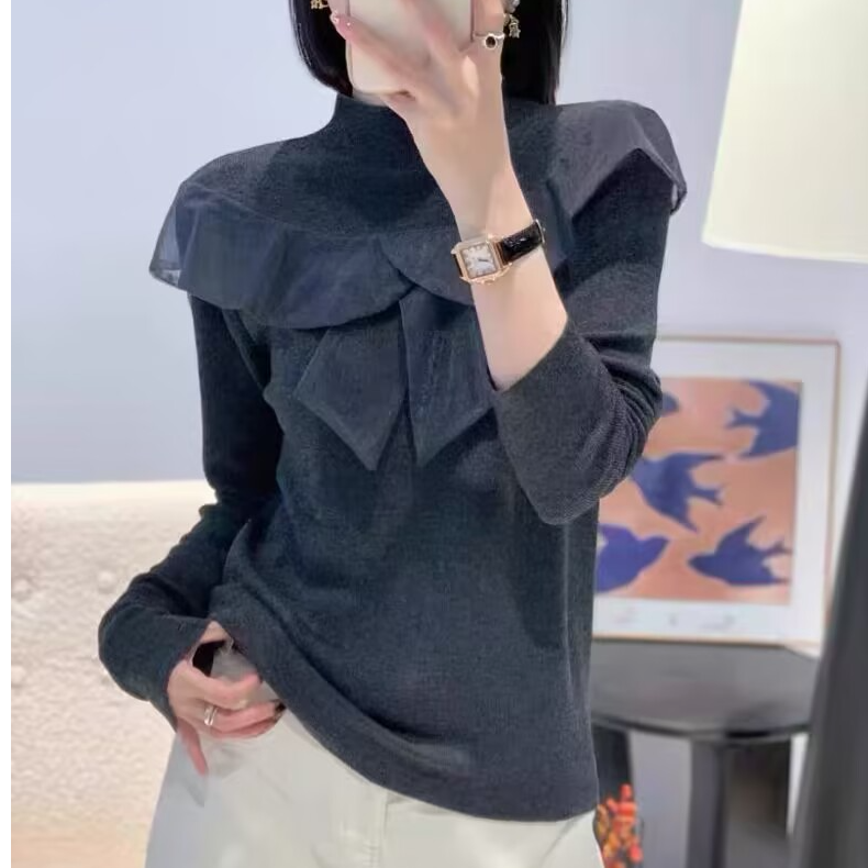 秋冬新款高级长袖花边打底衫针织衫上衣女显瘦毛衣爆款女款毛衣潮