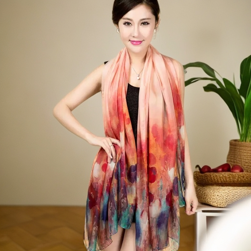 高端定制100%桑蚕丝数吗喷绘长巾