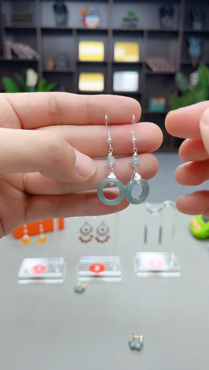银S925镶嵌翡翠耳饰X39