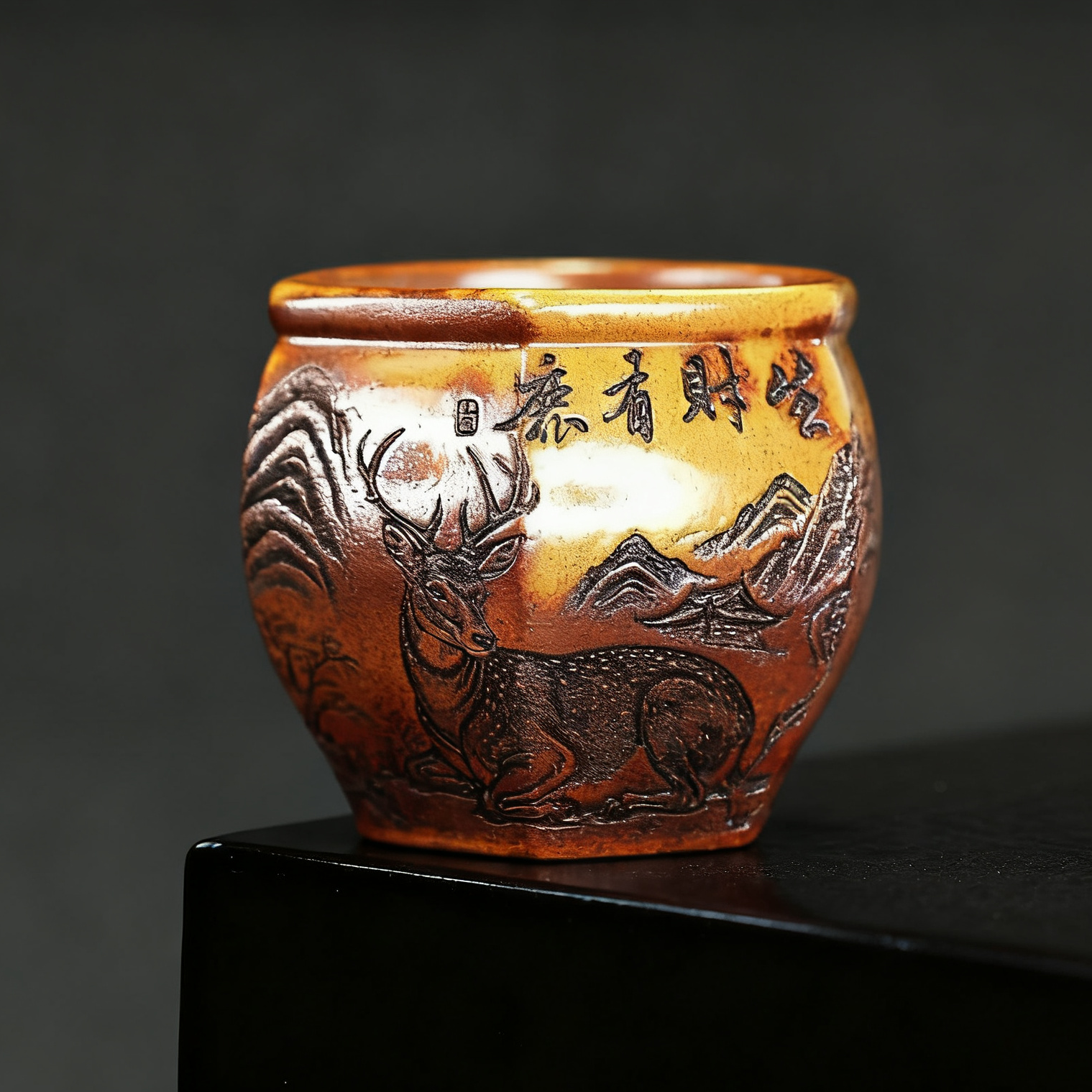 宜兴紫砂茶具手工雕刻管庆飞生财有鹿六方柴烧品茗茶杯茶具主人杯