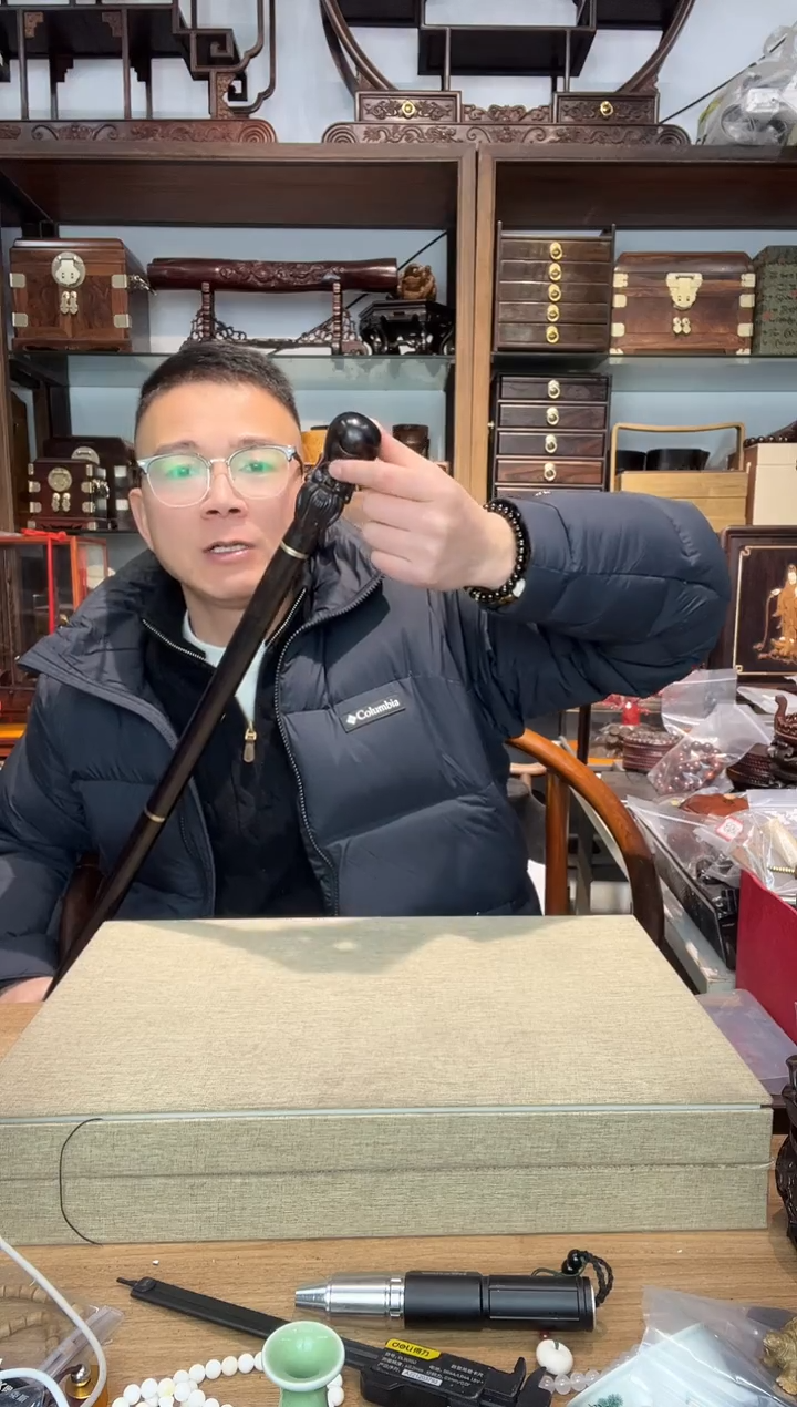 乌木类书架0796紫光檀可拆卸雕刻寿星四节拐棍  