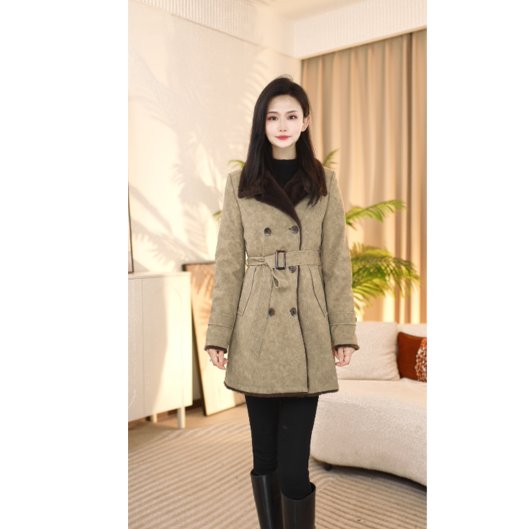 油画风中长款防风女女士加绒外套气质呢大衣保暖休闲25C896