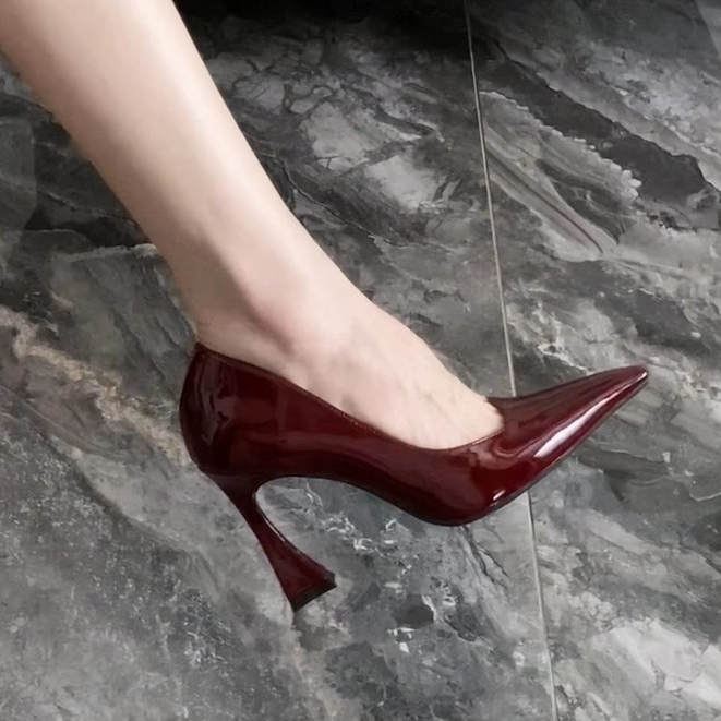 杨林酒红色粗跟小方头气质单鞋女马蹄跟一脚蹬性感高跟鞋女国潮