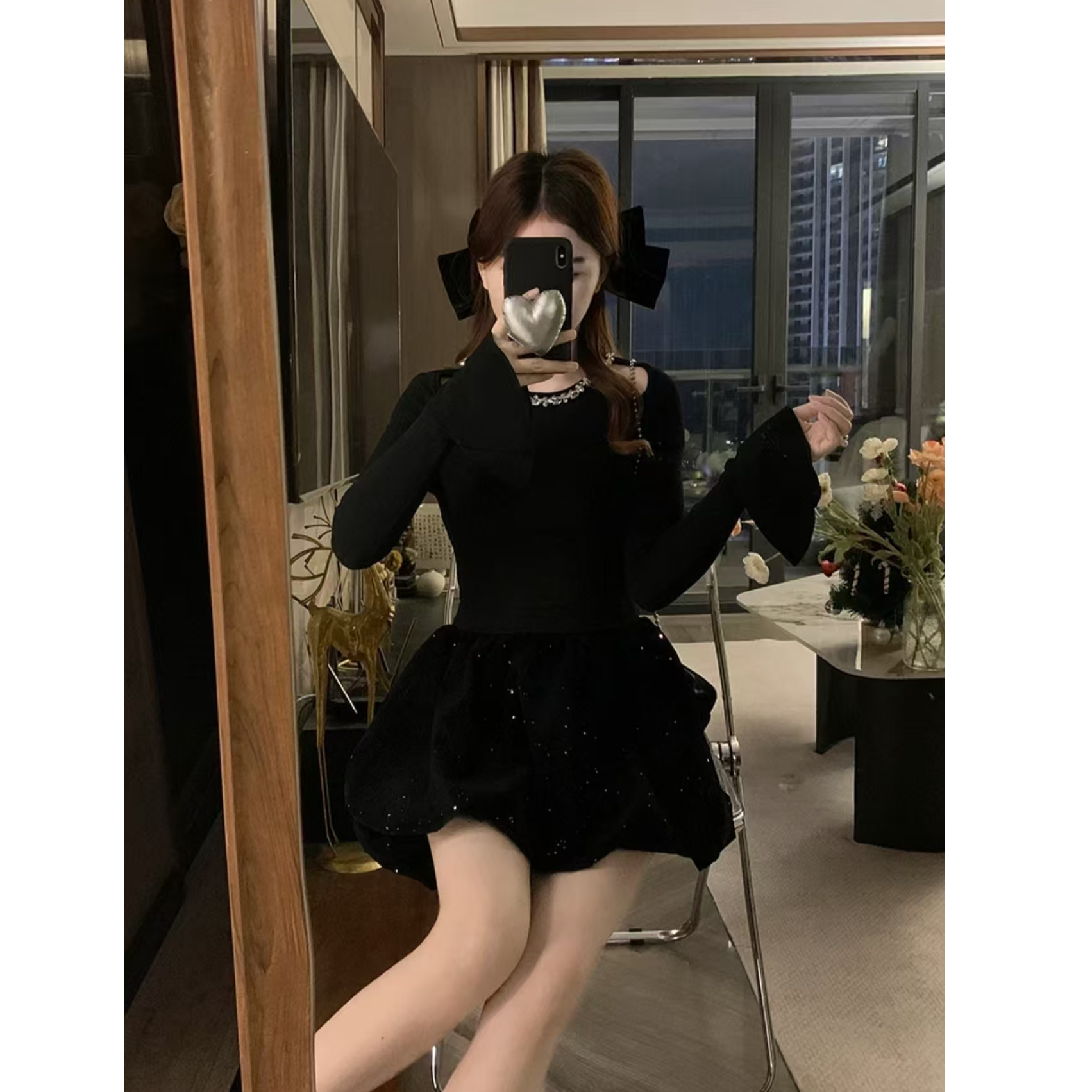 胖mm巴黎舞会法式千金连衣裙设计感重工钉珠挂脖小黑裙-517