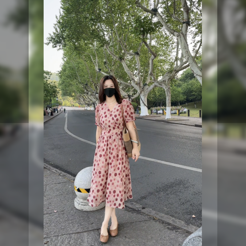 小个子连衣裙中长裙短袖清新收腰显瘦遮肚子波点时尚碎花裙子-036
