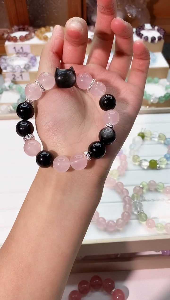 【闪购商品】水晶手串未镶嵌粉晶搭银曜石手串