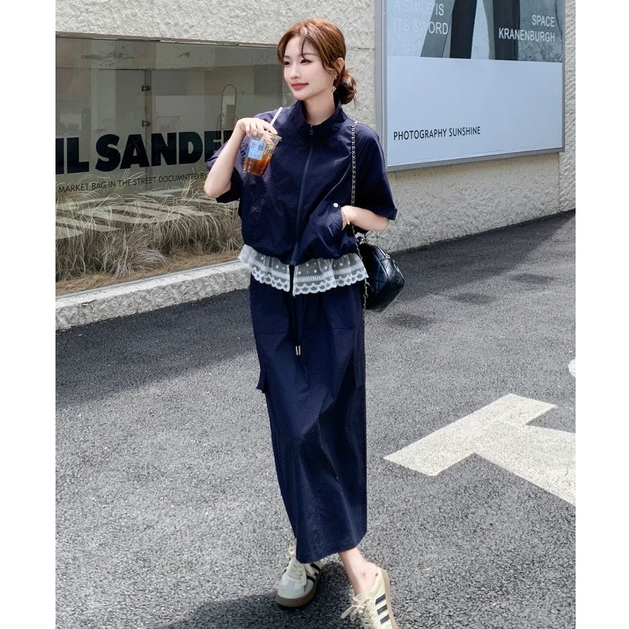 《喜番》9719法式蕾丝拼接上衣运动半身裙两件套