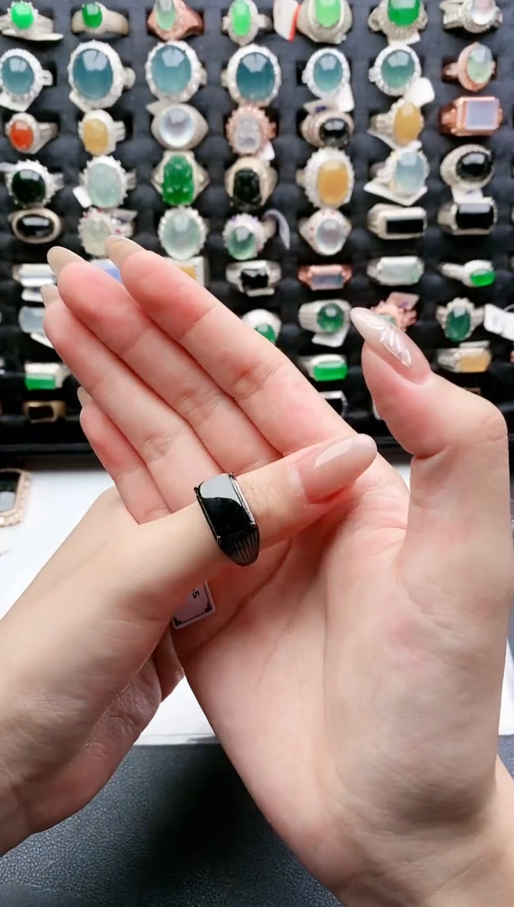 【闪购商品】翡翠戒指银S925镶嵌天然翡翠时尚男戒