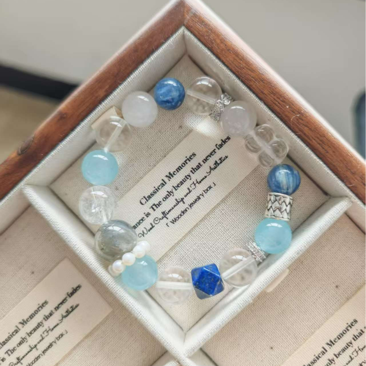 【桃鑫鑫珠宝GD-1104】天然白水晶加海蓝宝设计款手链多样性发其一