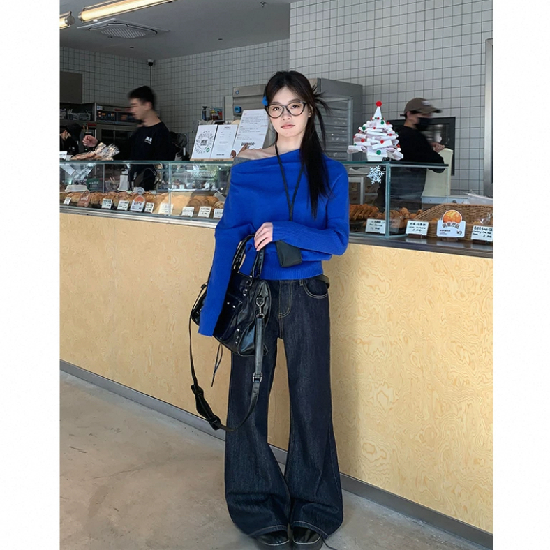 宋正恩深蓝色微喇牛仔裤女春季高腰显瘦弹力辣妹喇叭裤子ST933