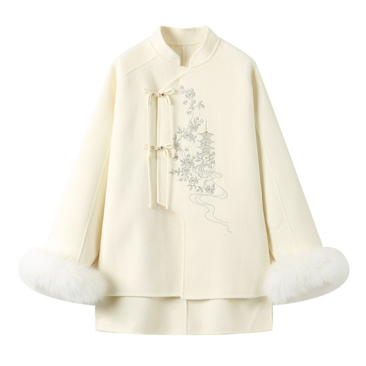 若琳专属【城雾霜】狐狸毛领刺绣新中式双面呢外套女冬100羊毛大衣