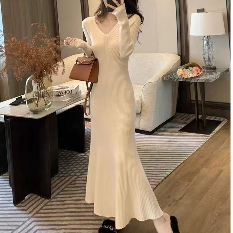 mulisha/穆丽莎v领针织连衣裙女修身气质内搭打底毛衣包臀长裙