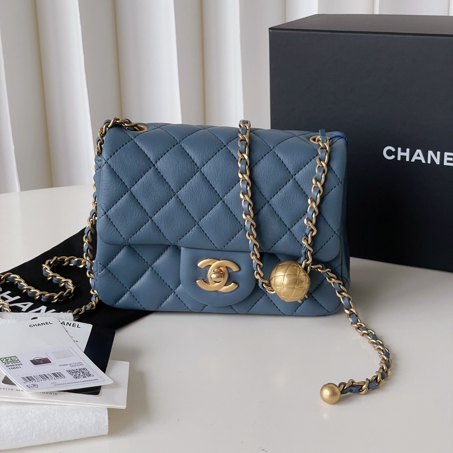 99新 Chanel/香奈儿 蓝色金球羊皮方胖子芯片闲置盒子JM2-6234