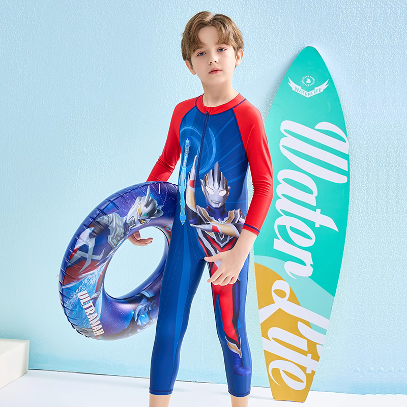 SU240330经典奥特曼儿童泳衣男孩长袖长裤连体游泳衣中大童泳装