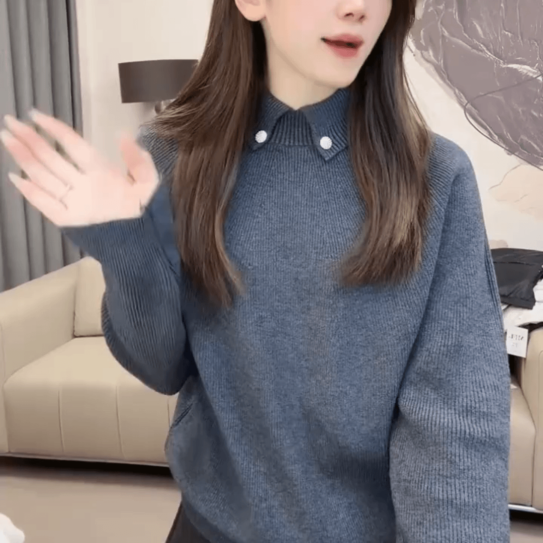 洋气显瘦打底针织衫上衣灰色翻领套头毛衣女士秋冬新款高级感宽松