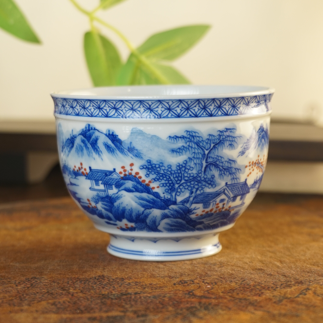 杜家柴窑青花带釉里红山水开窗主人杯缸杯纯手工手绘柴窑景德镇