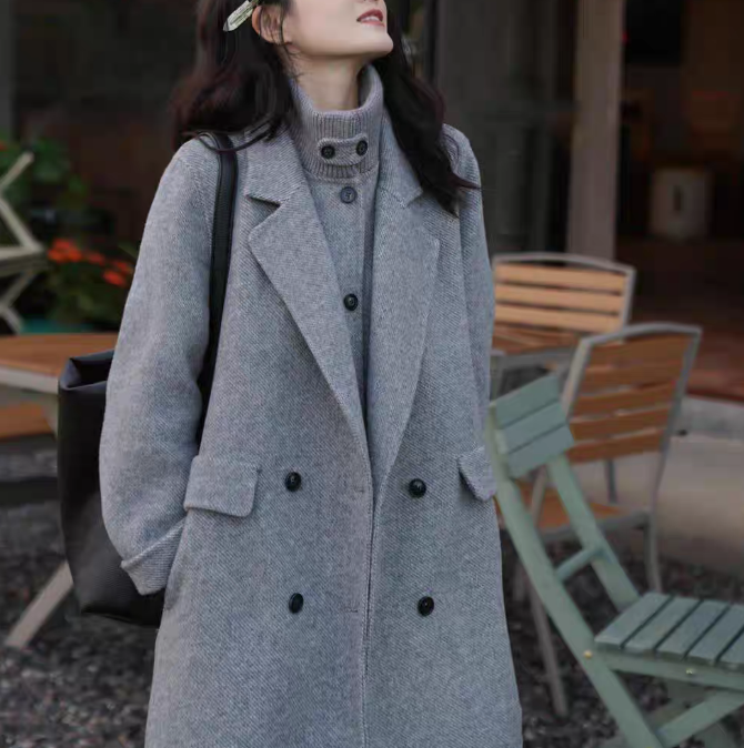 【穿型都市】2025秋冬新款针织罗纹立领两件套中长款羊毛大衣2528