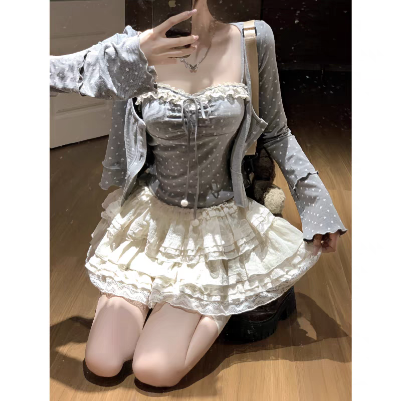 纯欲风甜美套装女新款波点针织开衫打底吊带背心两件套潮