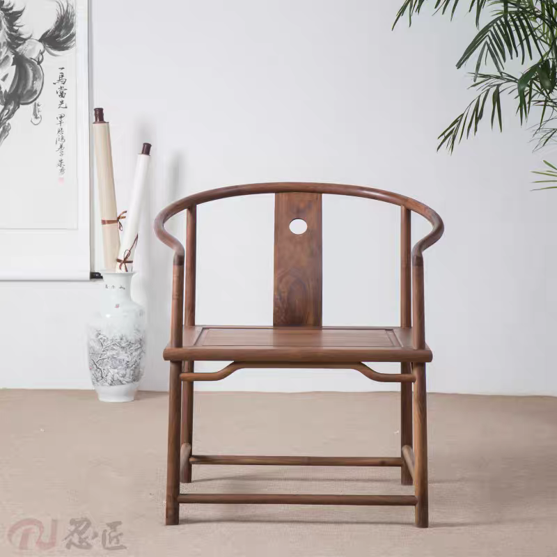 新中式胡桃木实木圈椅中式老榆木围椅单人靠背椅子木制圈椅太师椅