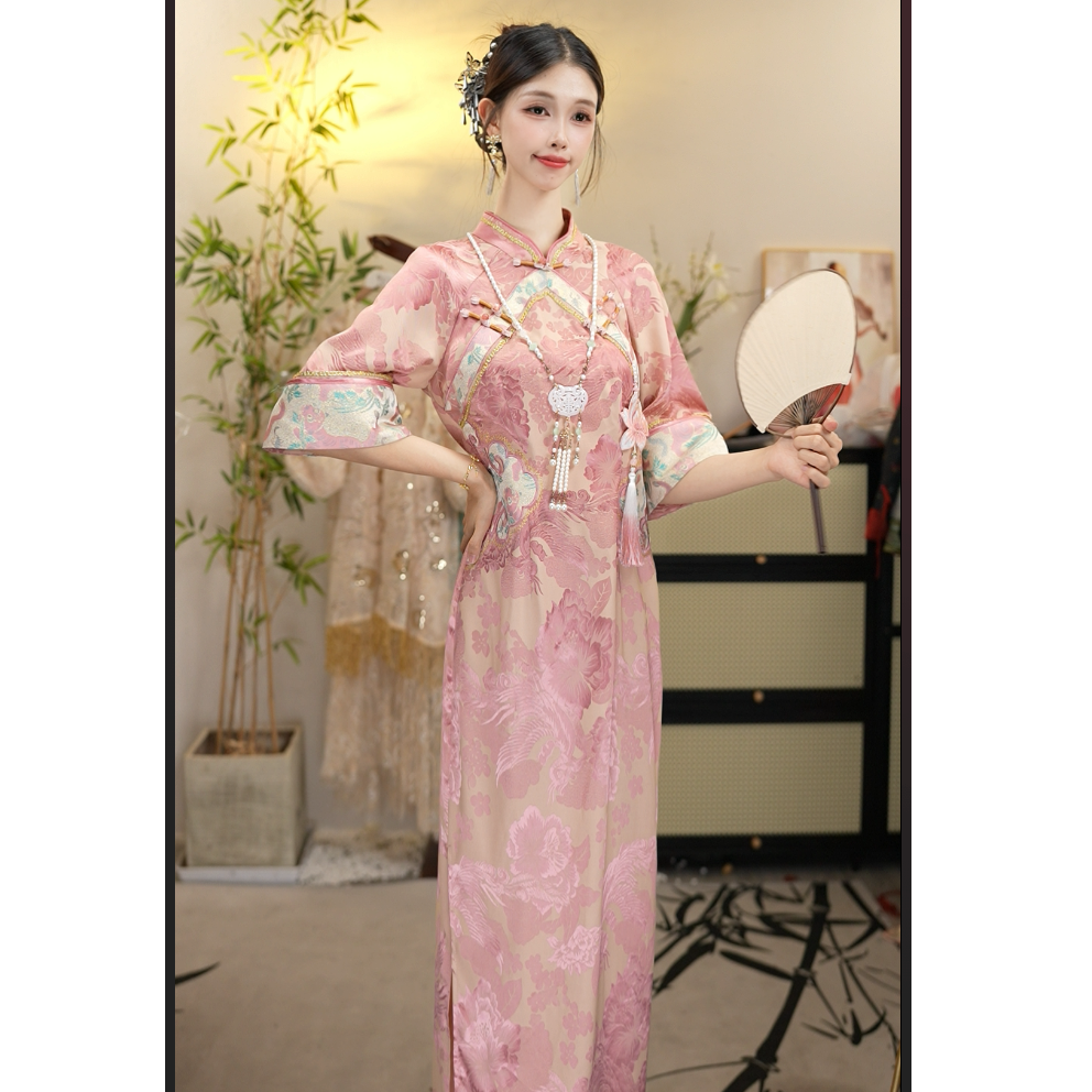 花想容2025夏季新款中国风复古粉色修身凤穿牡丹刺绣旗袍WW（1637）