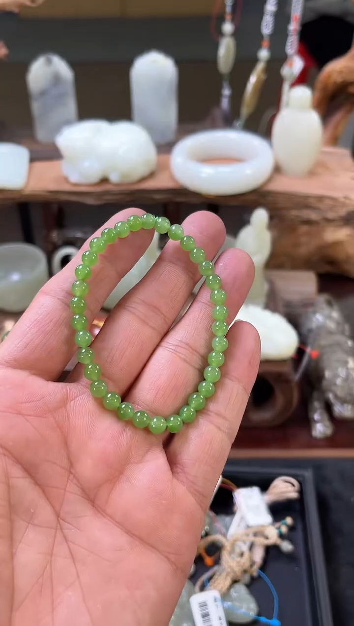 【闪购商品】和田玉手串未镶嵌卡5+乌兰海苹果绿圆珠