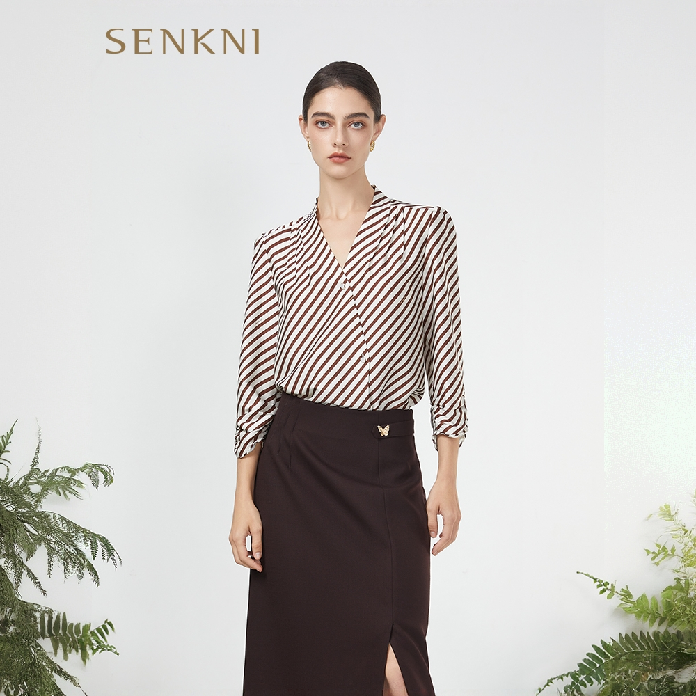 圣可尼简约气质交叉V领条纹小衫S120301OE