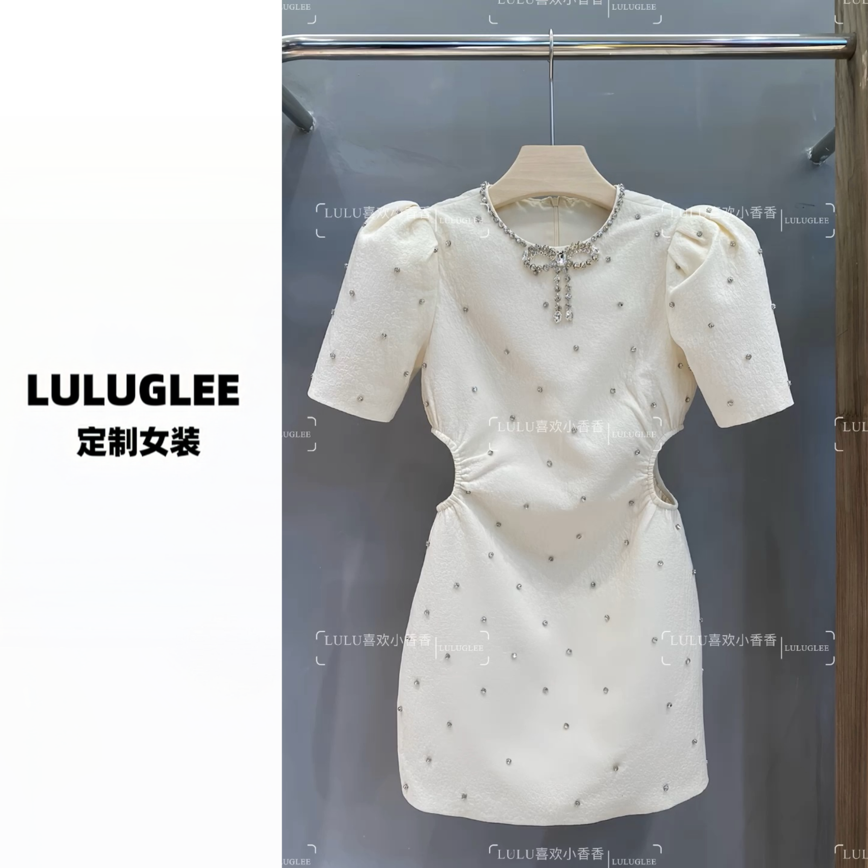 【月落星河】春夏小香风蝴蝶结领肌理面料镂空腰泡泡袖连衣裙