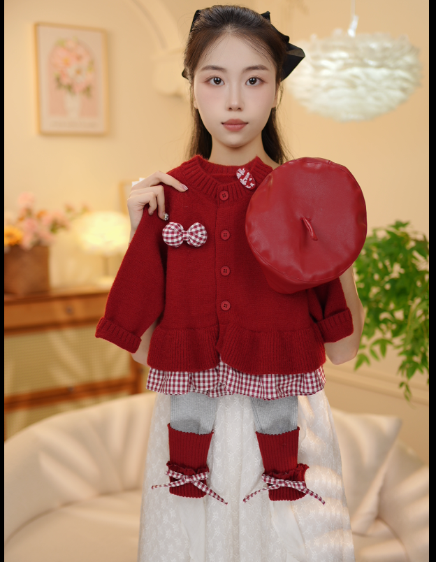 2025秋季新品韩版女童甜美蝴蝶结针织衫打底裤两件套XY25129