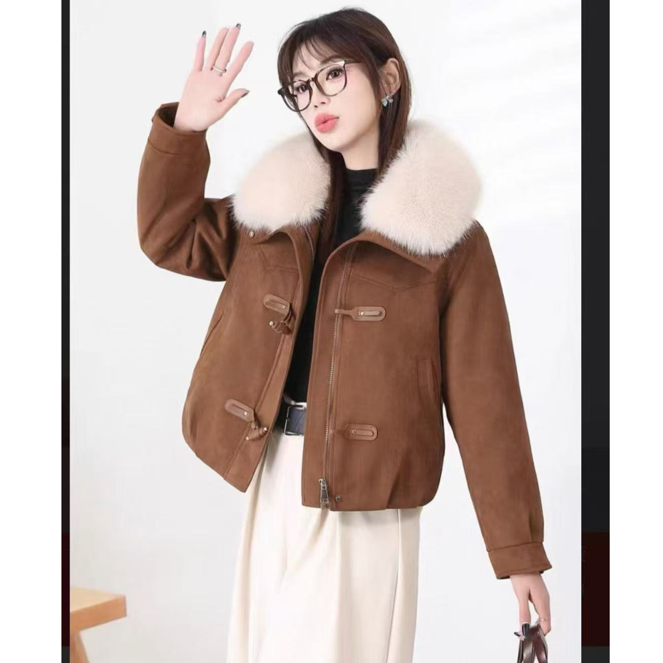 冬季百搭毛领可拆卸翻领保暖时尚撞色复古盘扣外套8655#