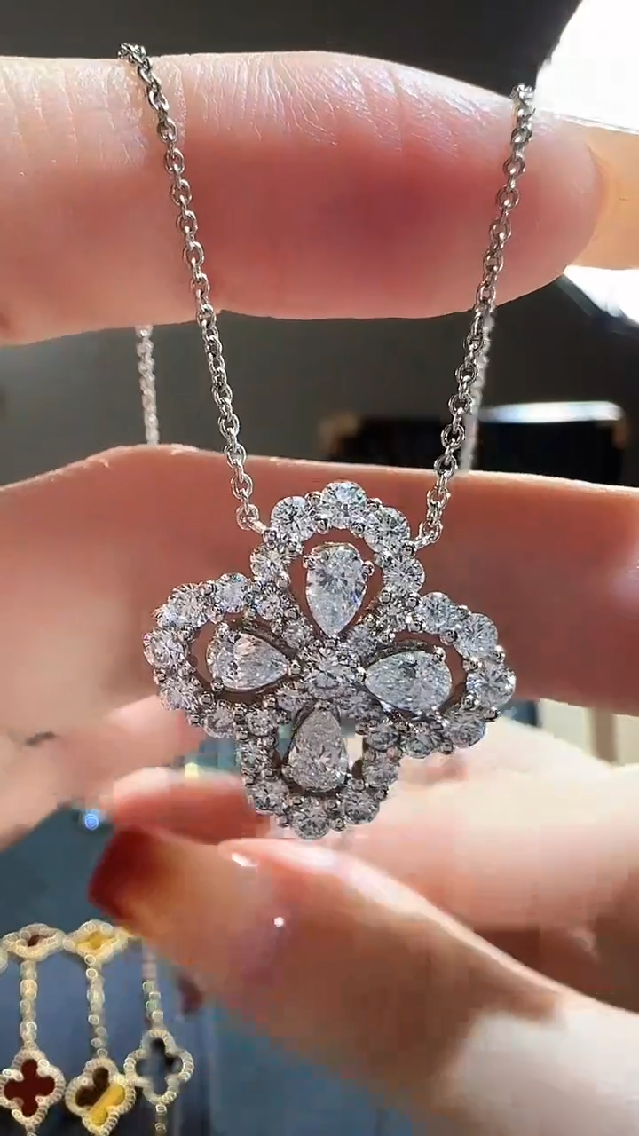 铂Pt950镶嵌套链实验室培育钻石幸运草满钻套链