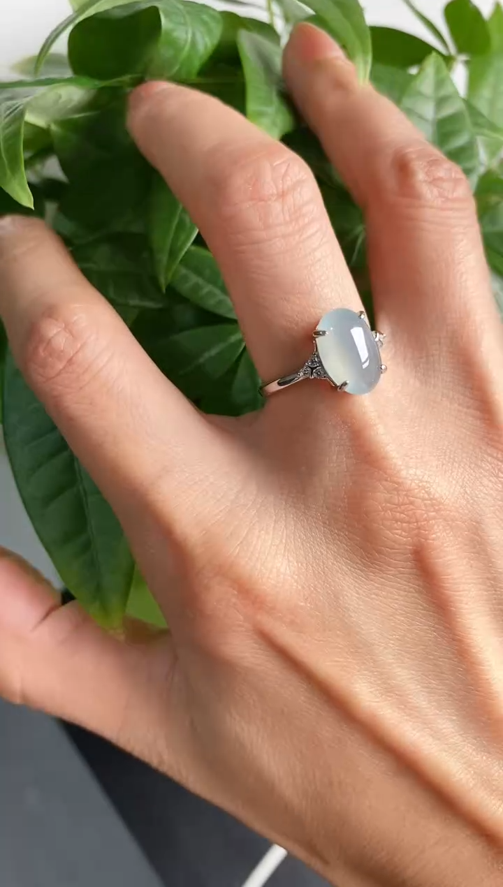 【闪购商品】翡翠戒指银S925镶嵌缅甸天然A货翡翠44   4-9