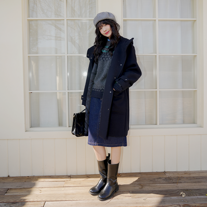 韩国25秋冬女士羊毛混纺时尚中长连帽毛呢大衣musinsa standard
