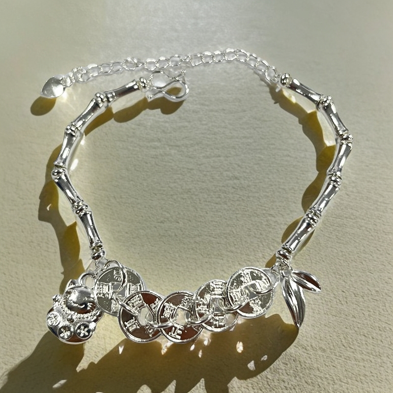 足银手链 竹节五帝钱民族风招财猫节节高升百搭手链