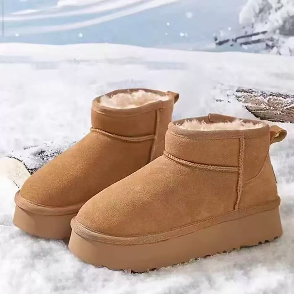 时尚平底雪地靴保暖加毛胶粘女款短筒圆头5853-1