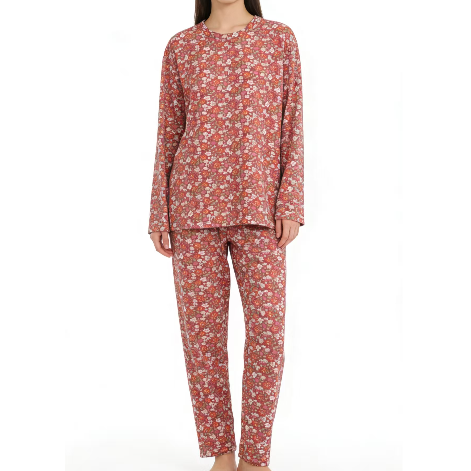 9337-中老年女士（豆沙小碎花）AB面德绒保暖套装